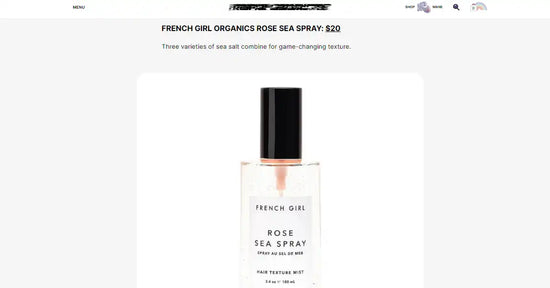 Rose sea spray in a clear bottle with a black cap.